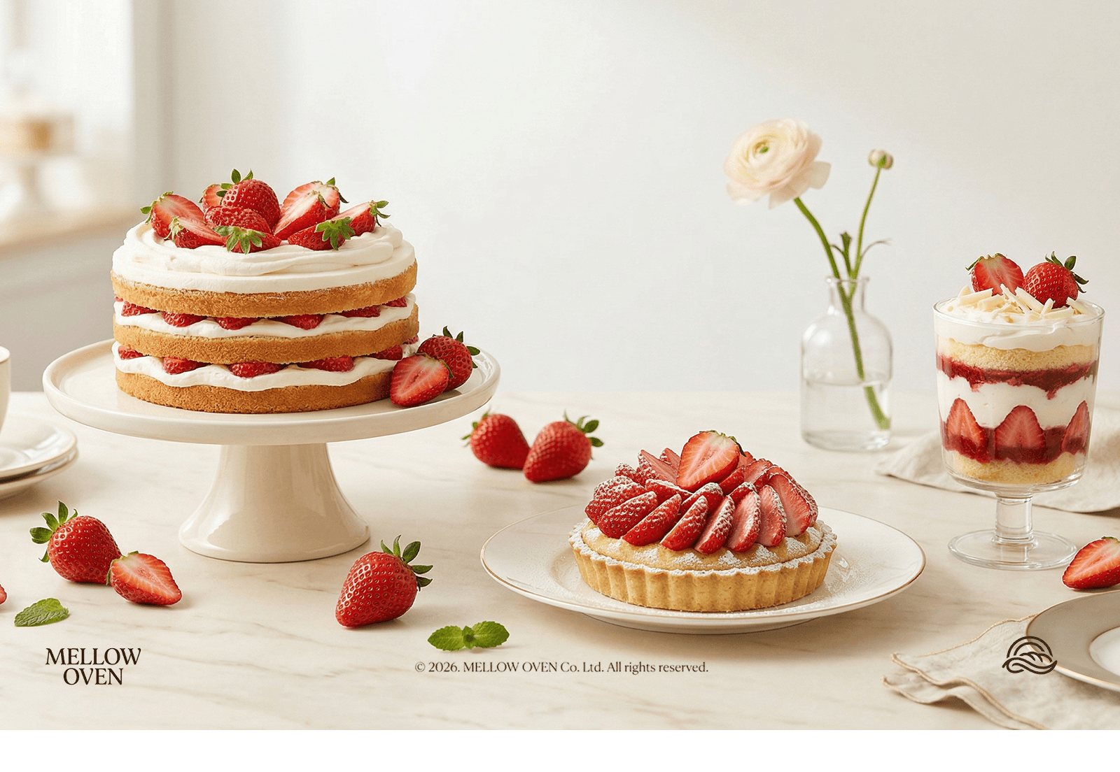 대표 도넛과 케이크, 음료가 가로형으로 연출된 베이커리 메인 이미지