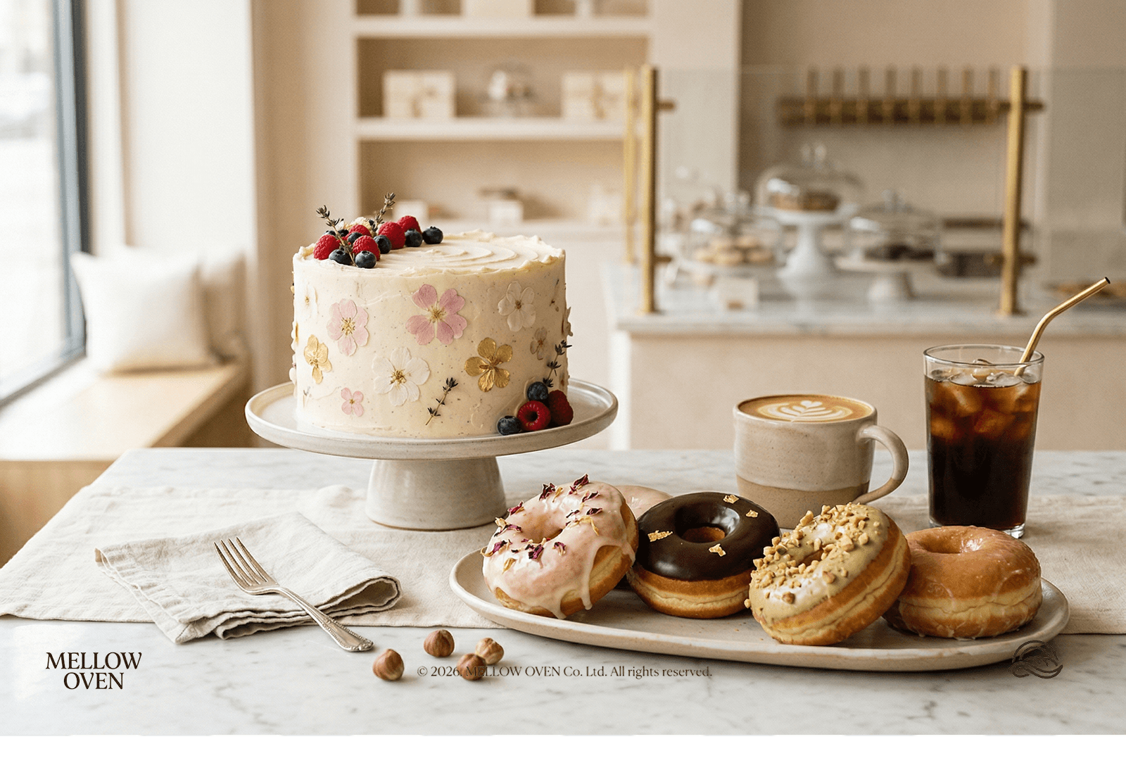 시즌 디저트와 패키지가 연출된 베이커리 메인 이미지