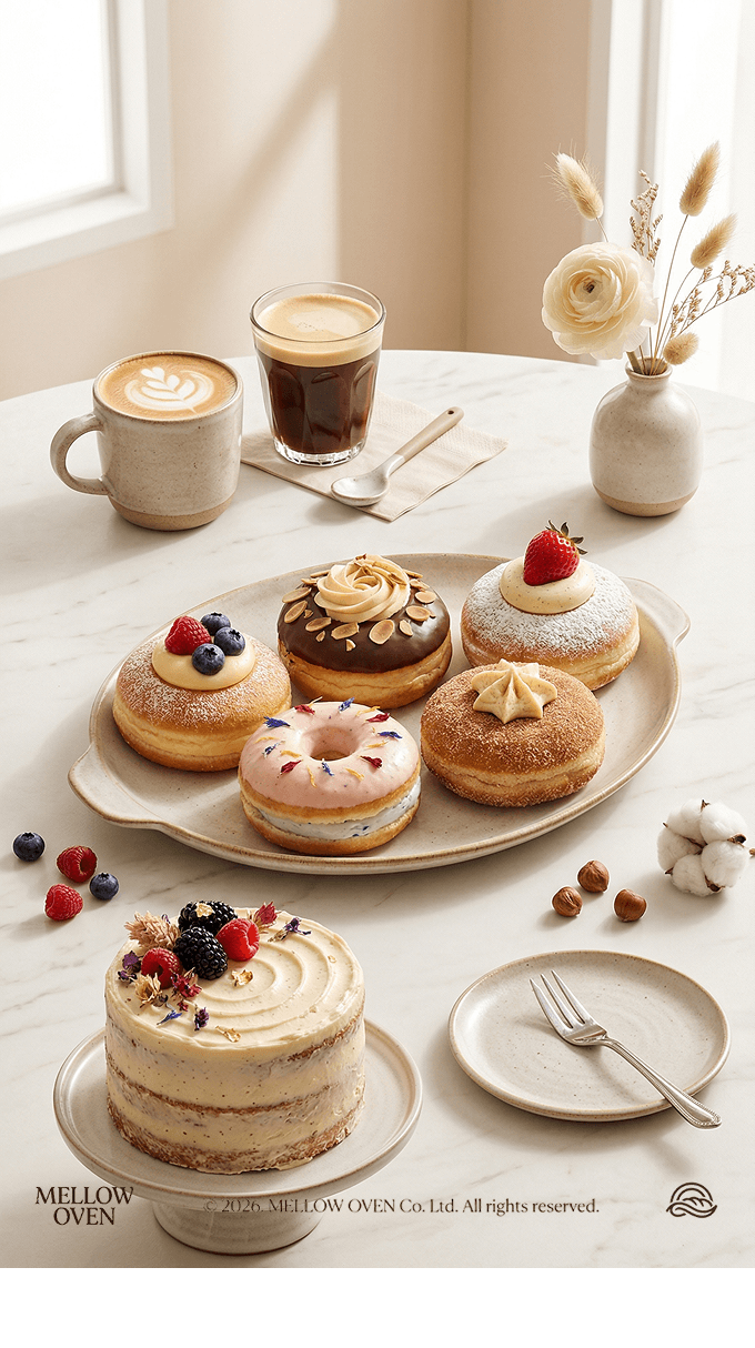 시즌 디저트와 패키지가 연출된 베이커리 메인 이미지